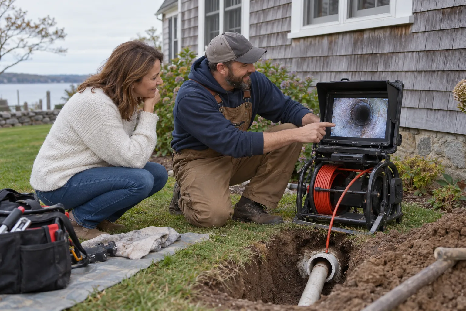 A friendly local plumbing provider reviewing a pipe inspection camera screen with a homeowner near a house in Phoenixville